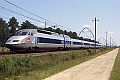 Au nord de Morcenx, le TGV A 381 en UM file sur Bordeaux puis Paris le 19.06.2008